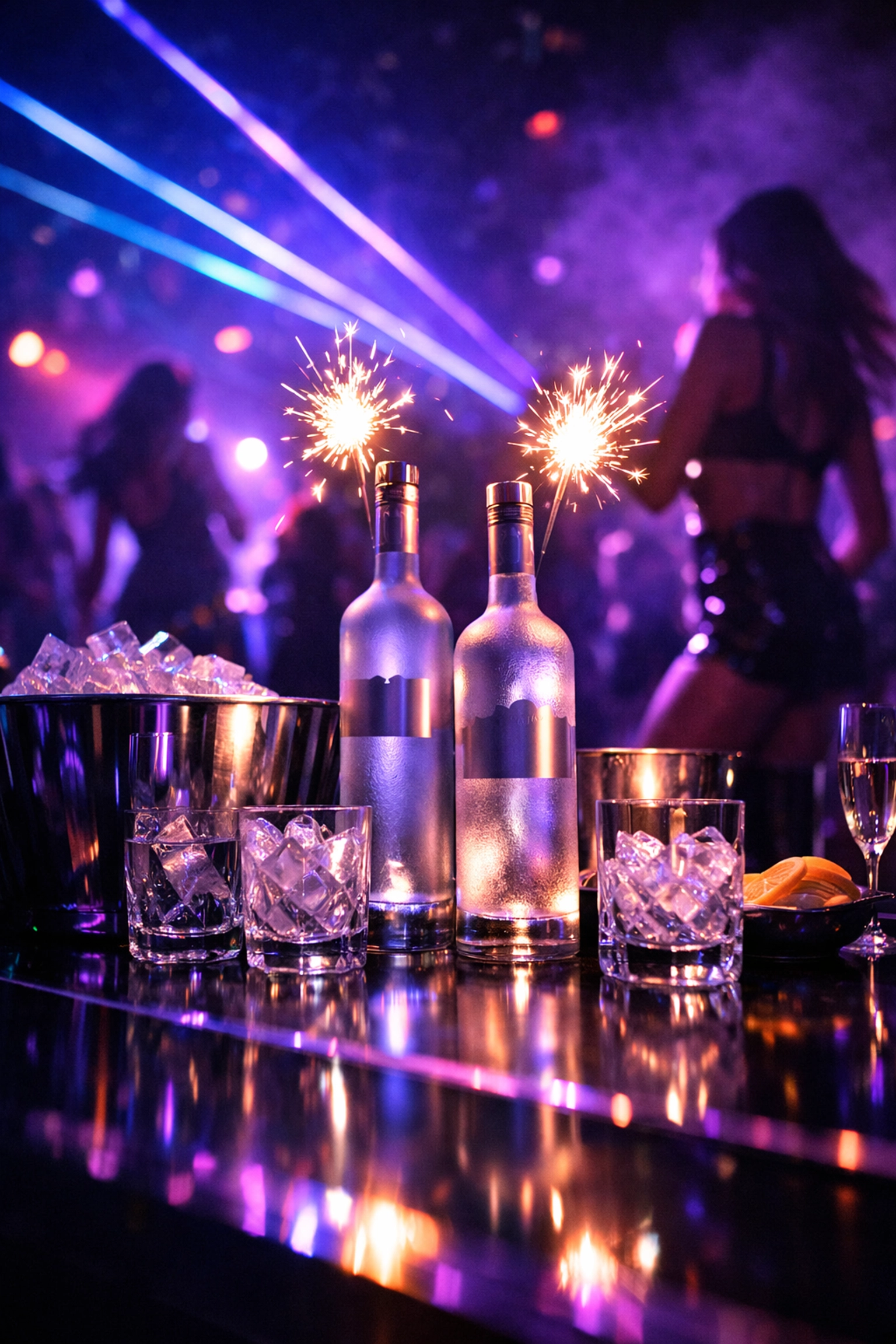 VIP bottle service table with premium vodka bottles and sparklers at Las Vegas nightclub
