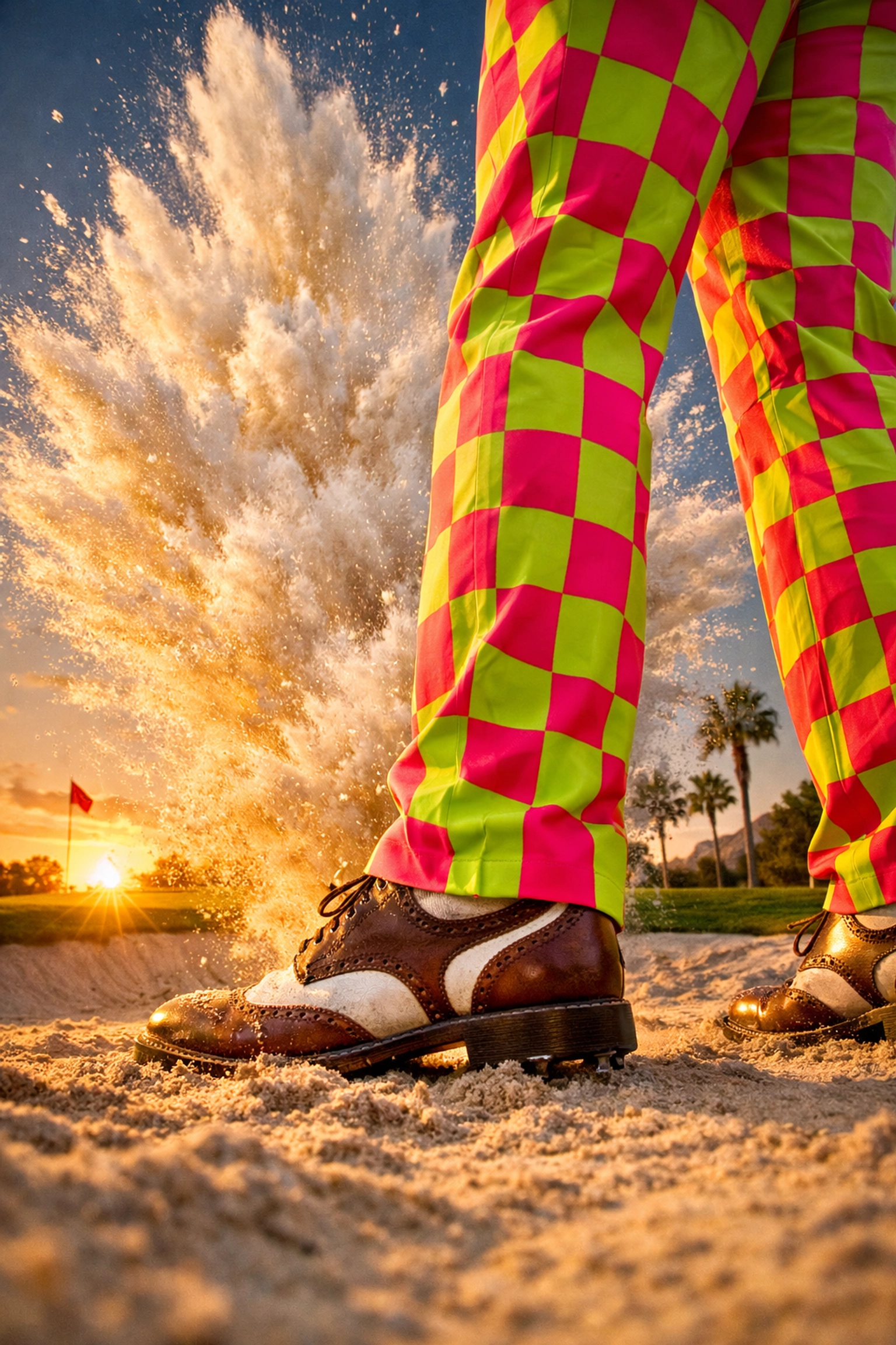 Golfer in neon checkered trousers hitting a bunker shot, perfect humor for novelty golf mugs.
