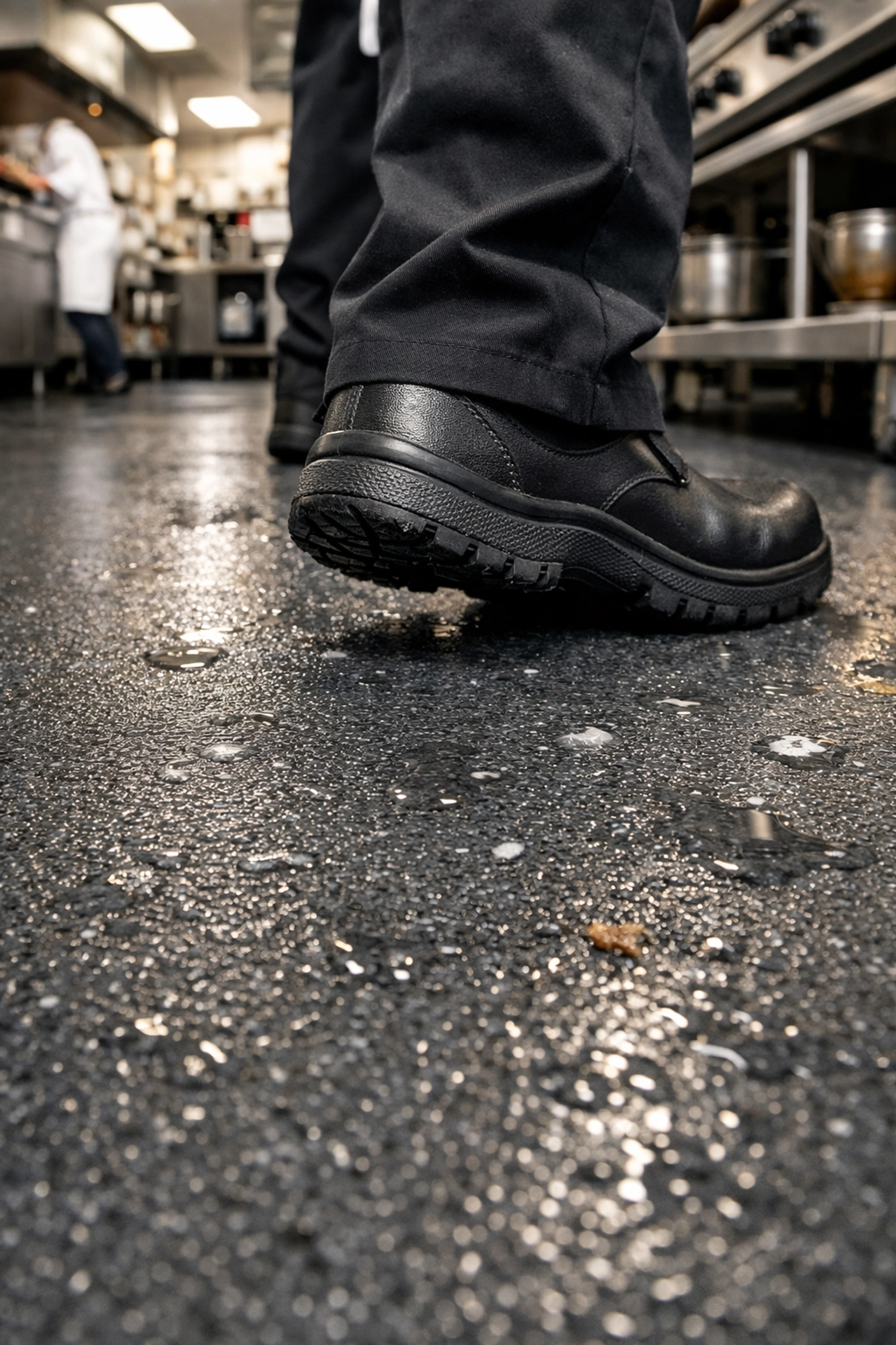 Slip-resistant commercial floor coating in restaurant kitchen ensuring workplace safety