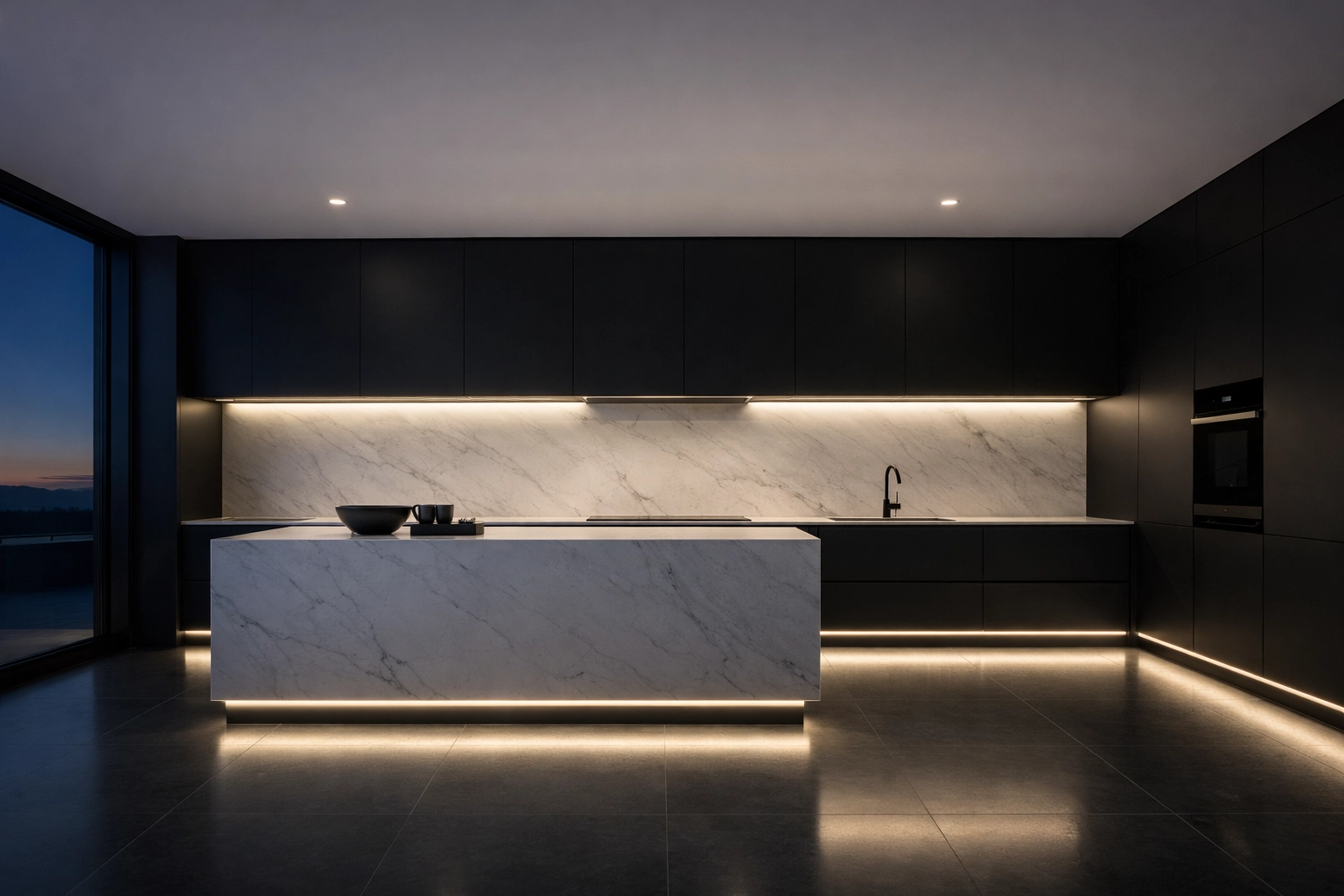 Modern luxury kitchen with integrated LED lighting to increase residential property value.