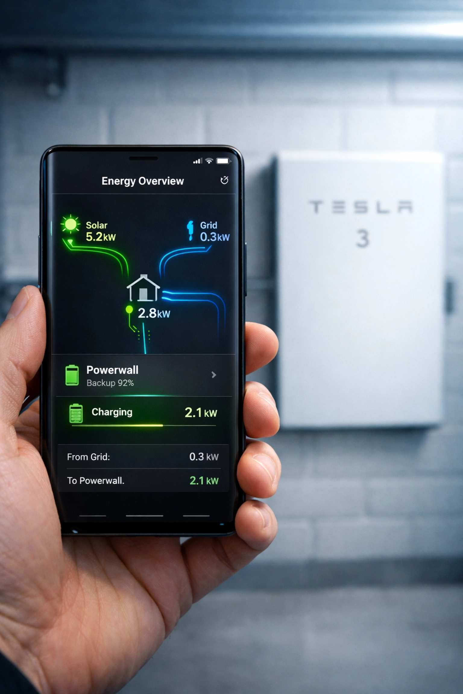 Smartphone app monitoring solar panel performance and Tesla Powerwall 3 battery storage.