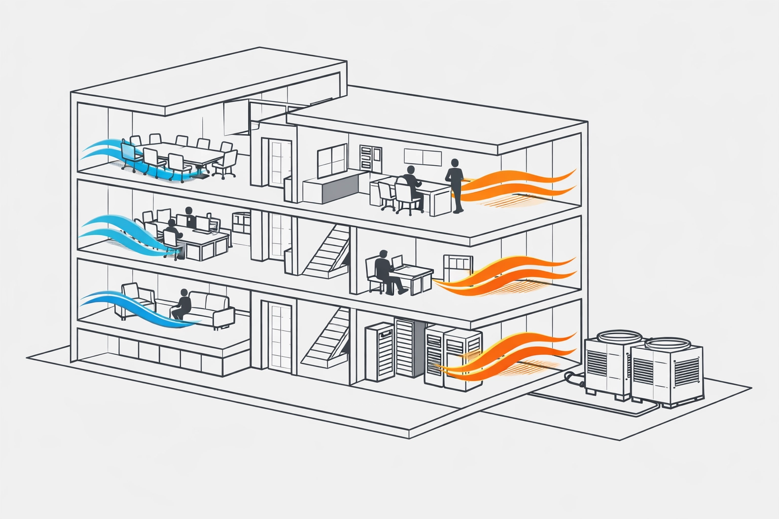 Isometric view of a commercial building using VRF technology for zoned heating and cooling to improve tenant comfort.