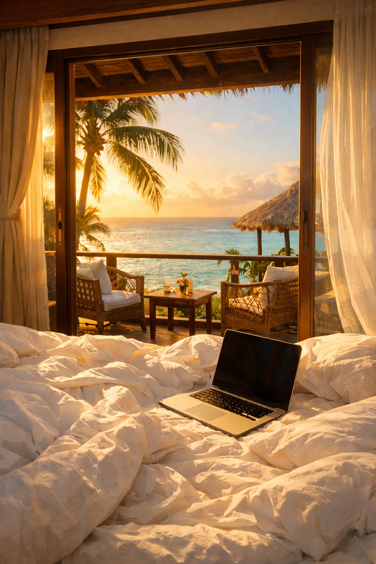 Luxury resort room with ocean view and laptop for planning summer vacation bookings