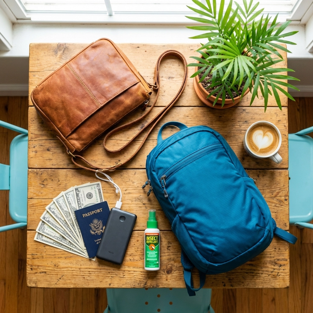 Travel essentials for a Puerto Vallarta condo rental, featuring crossbody bag, daypack, passport, charger, and cash on a table.