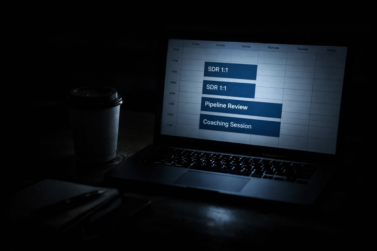 Founder working late at laptop showing SDR management meetings blocking calendar time
