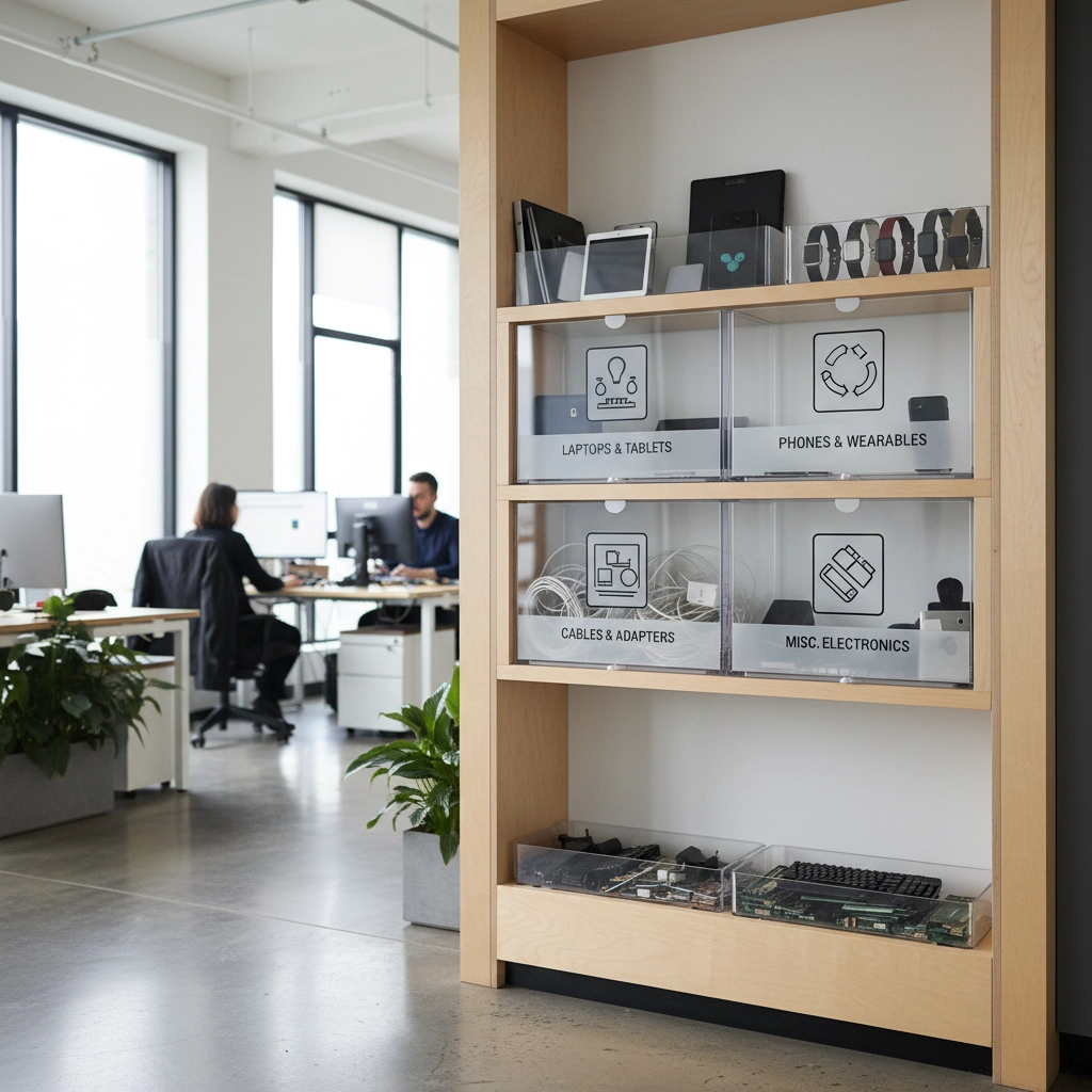 an image of a corporate office with designated e-waste bins for easy collection and disposal