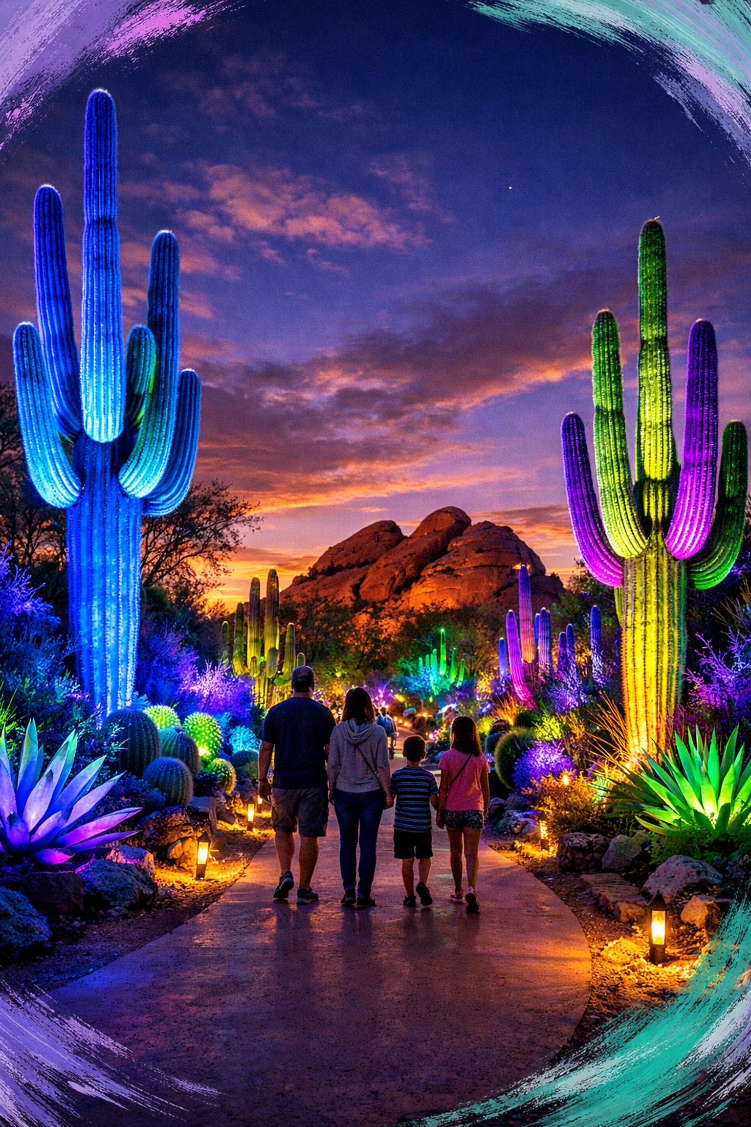 Electric Desert light installation at Desert Botanical Garden Phoenix with illuminated cacti
