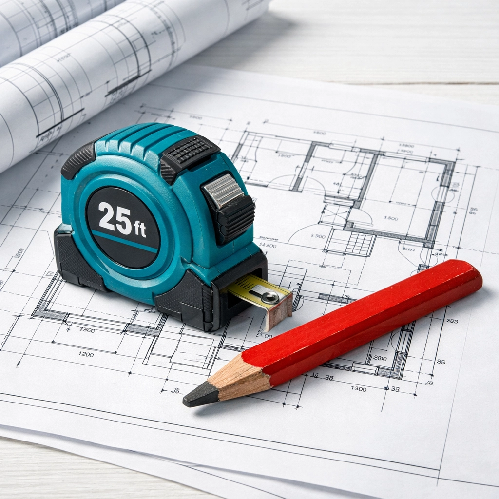 Architectural blueprints and measuring tools used for planning a Saskatoon home improvement project.
