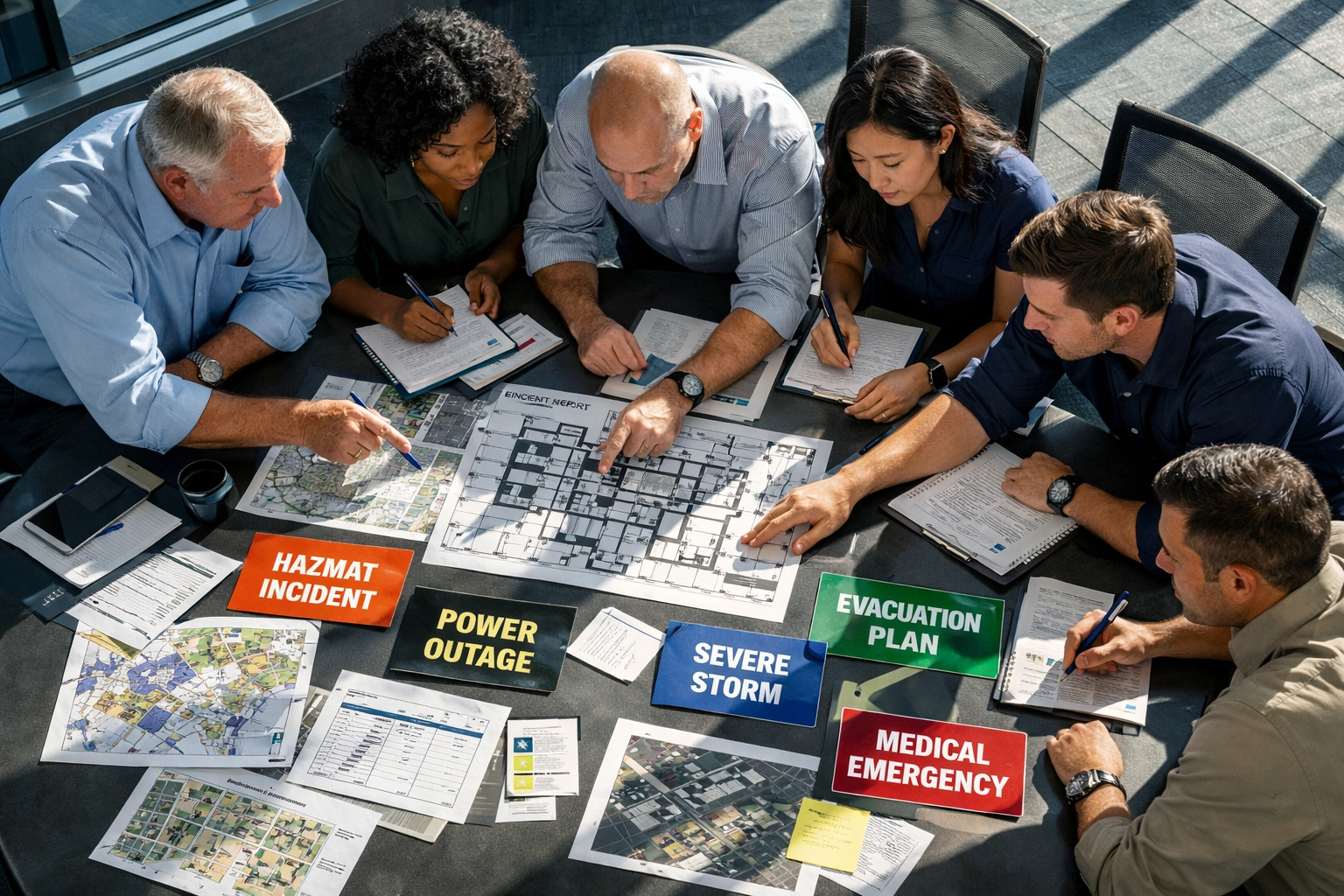 Emergency management team conducting tabletop exercise for crisis preparedness training