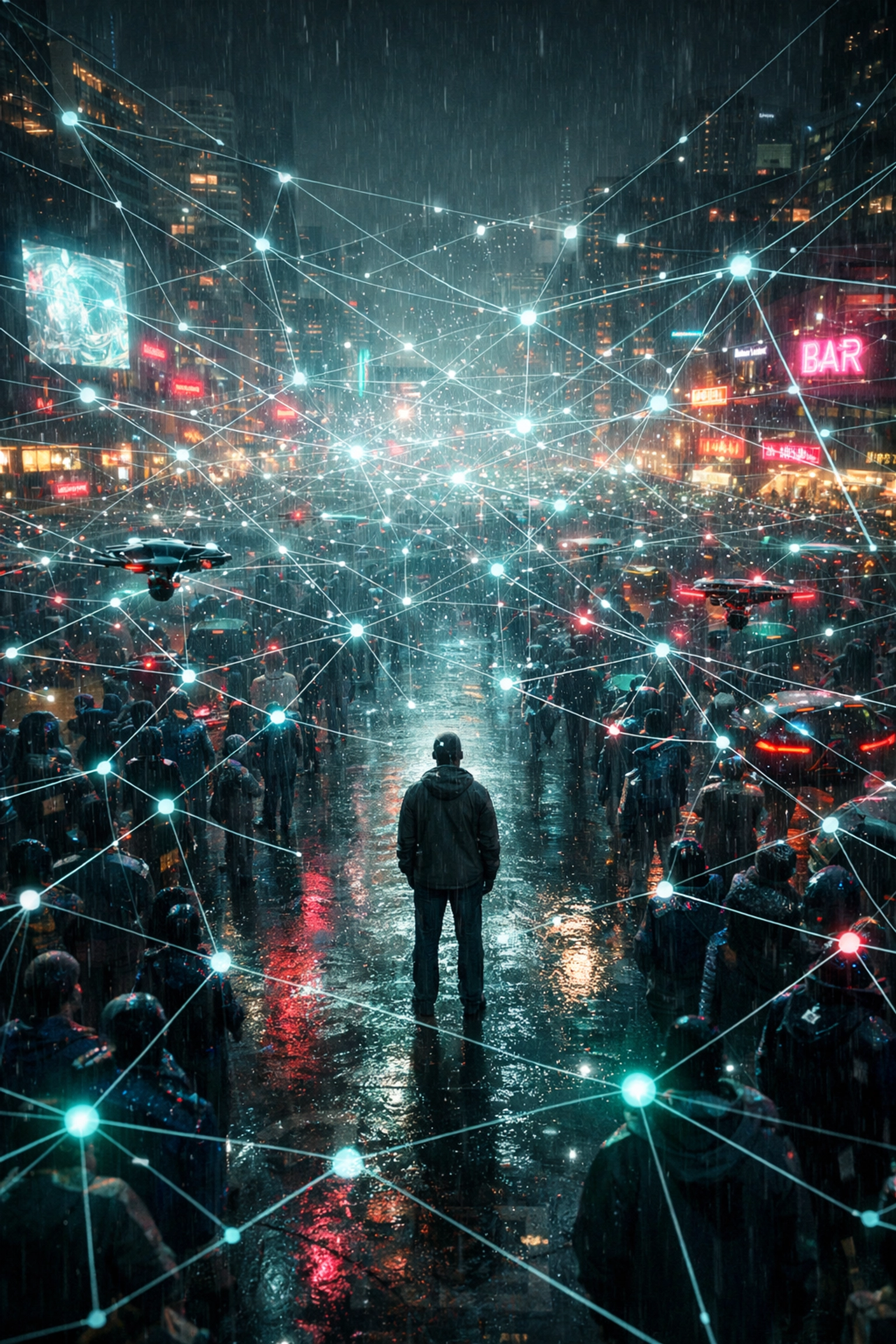 A lone figure standing in a cyberpunk city square under a glowing web of AI surveillance data.
