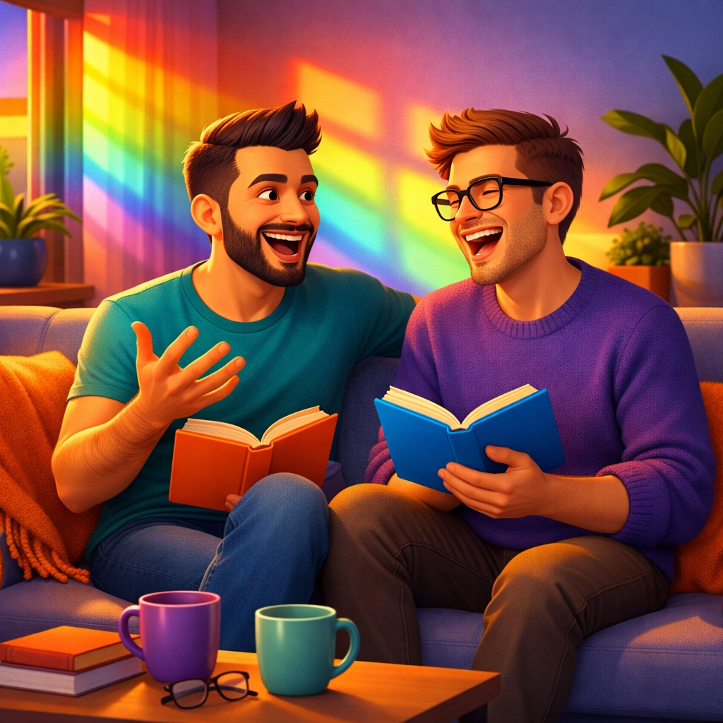 Two men reading gay romance books together on couch, enjoying mental stimulation and connection