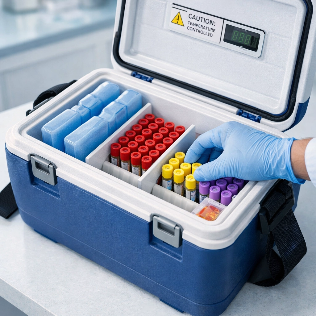 Temperature-controlled medical specimen container with organized vials for lab courier service