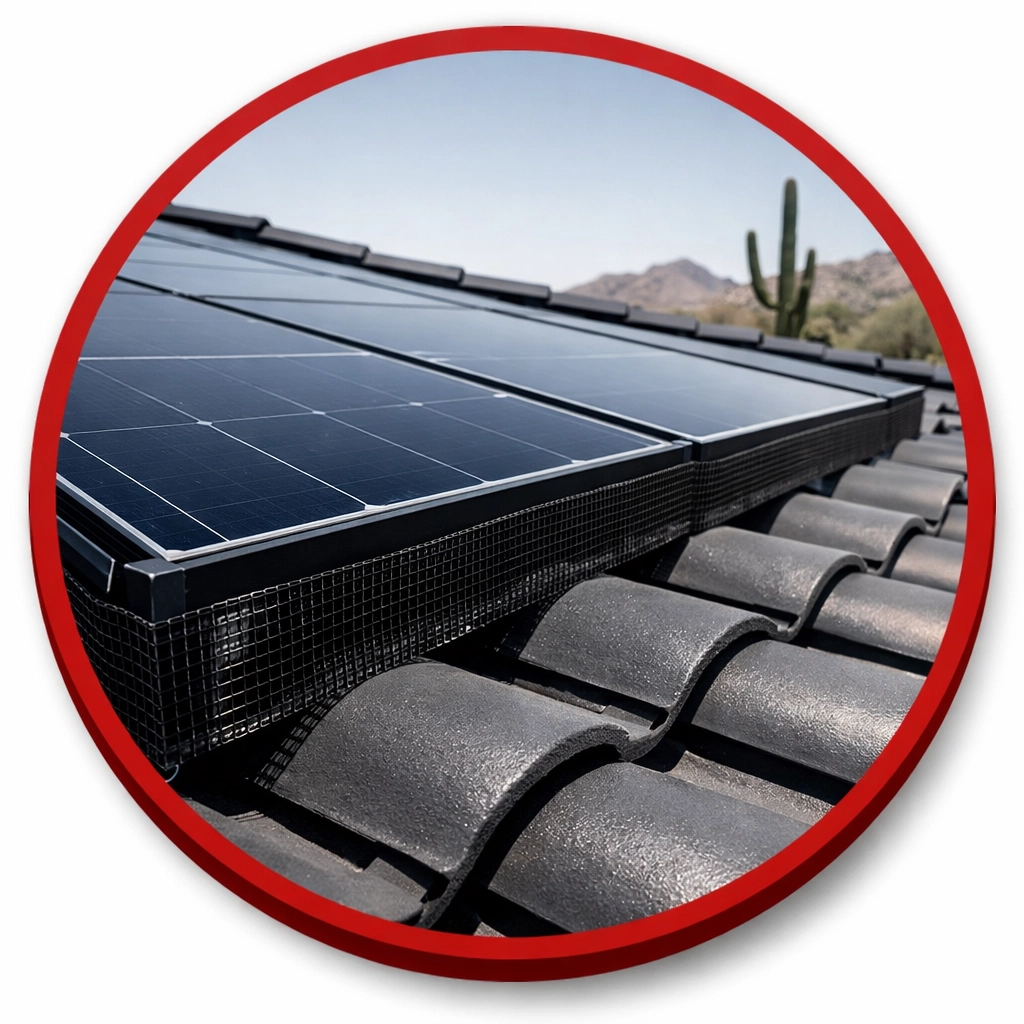 Solar panel bird screening on an Arizona roof to stop pigeons nesting in Coolidge and Casa Grande