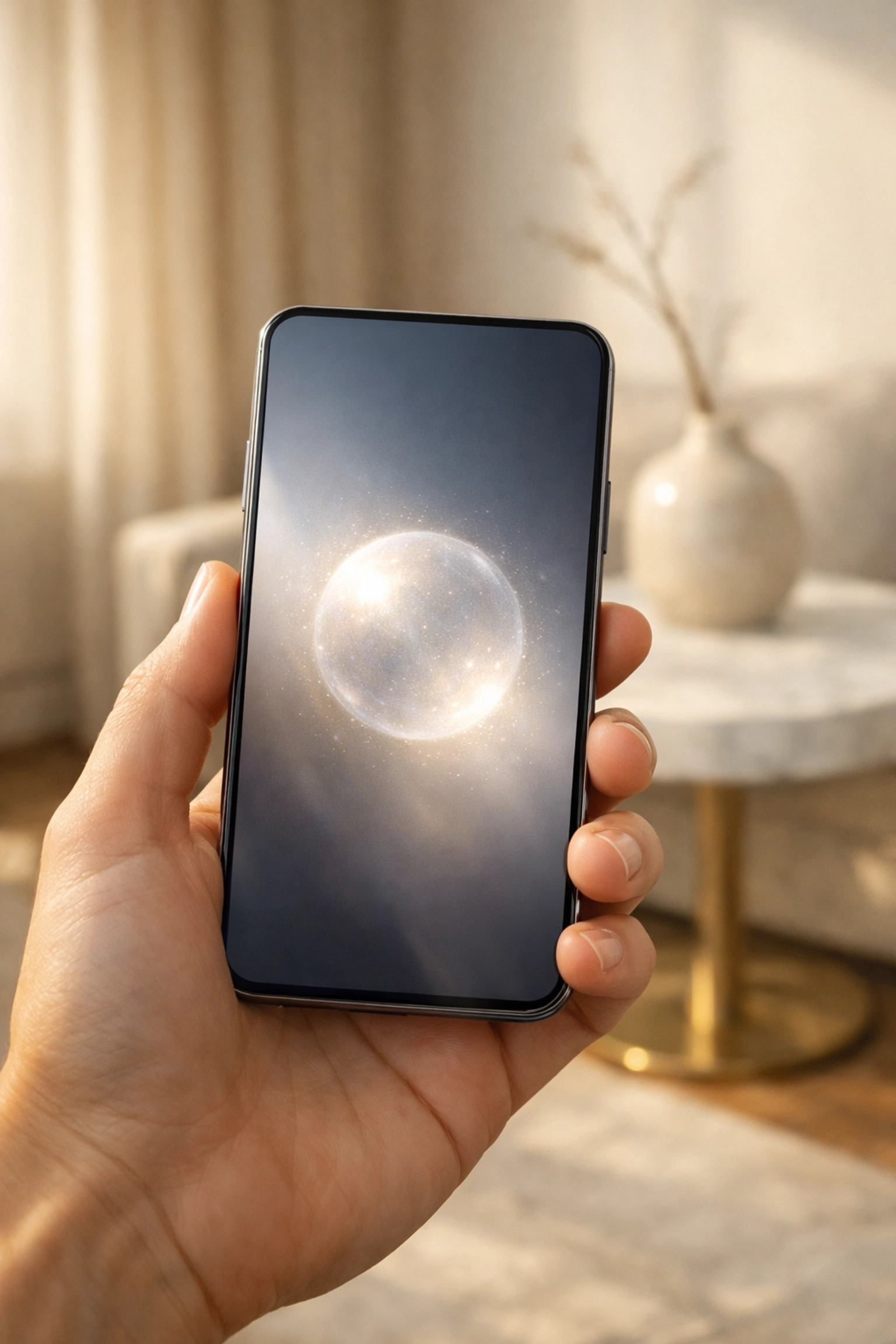 A hotel guest accessing digital loyalty assets and NFT room upgrades on a smartphone in a luxury suite.