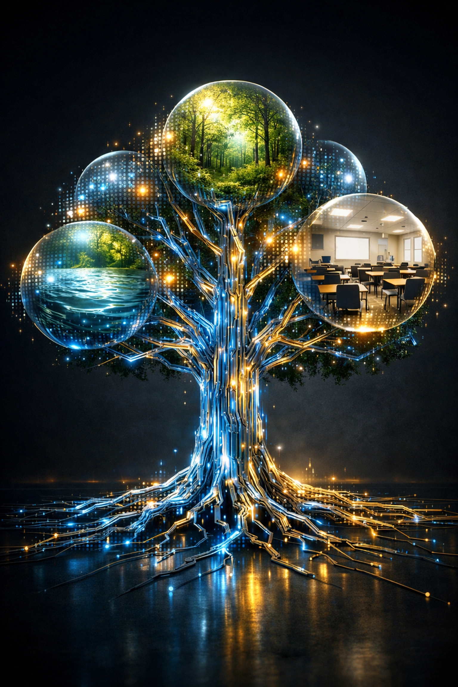 Larecoin's blockchain infrastructure represented as a digital tree supporting global social impact.