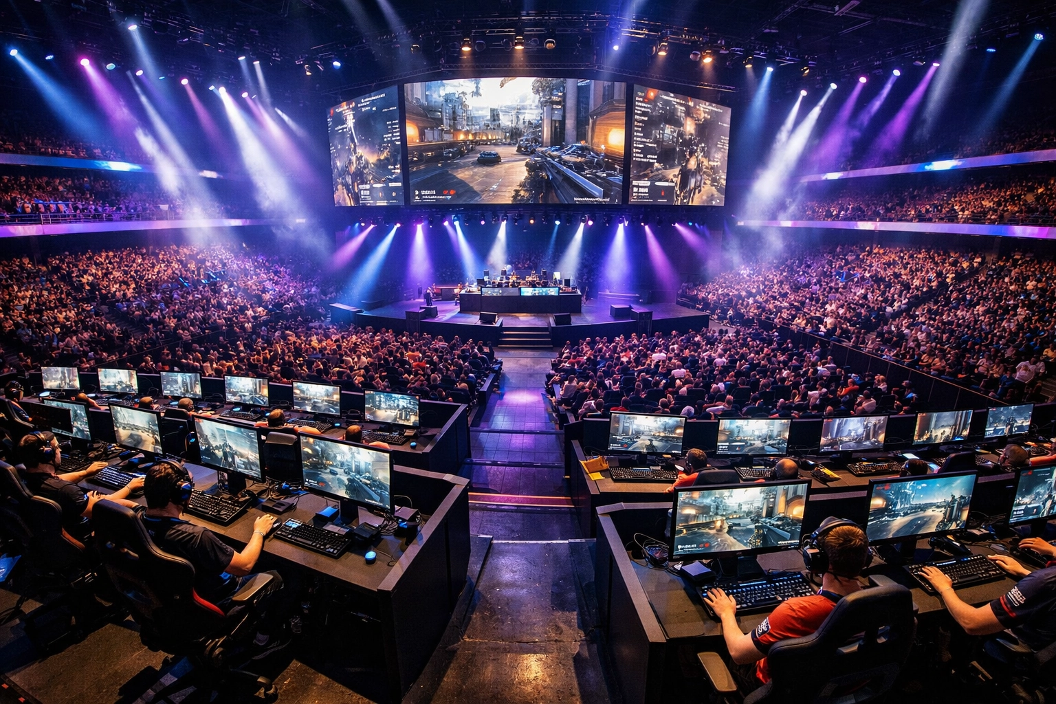 Professional esports tournament arena with gaming stations and spectators showing infrastructure scalability
