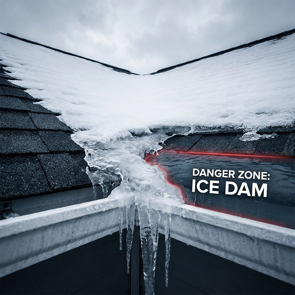 Residential roof in winter with thick ice dam and icicles forming along the eaves, showing potential roof damage risk.