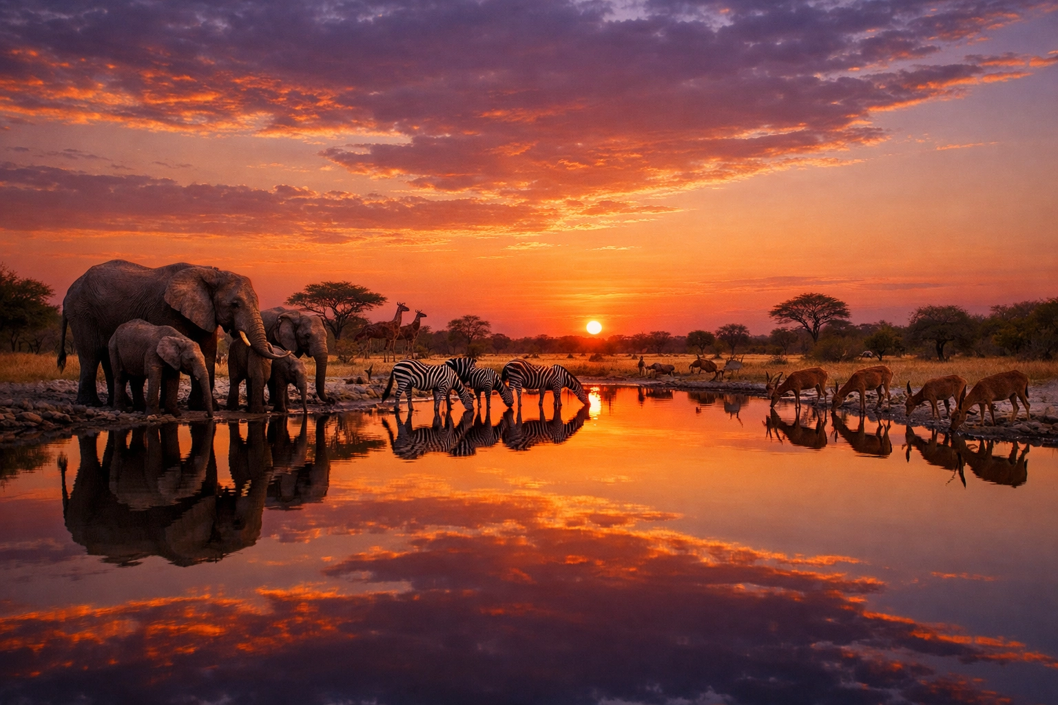 Elephants and zebras gather at a watering hole, reflecting a balanced and thriving wildlife habitat.