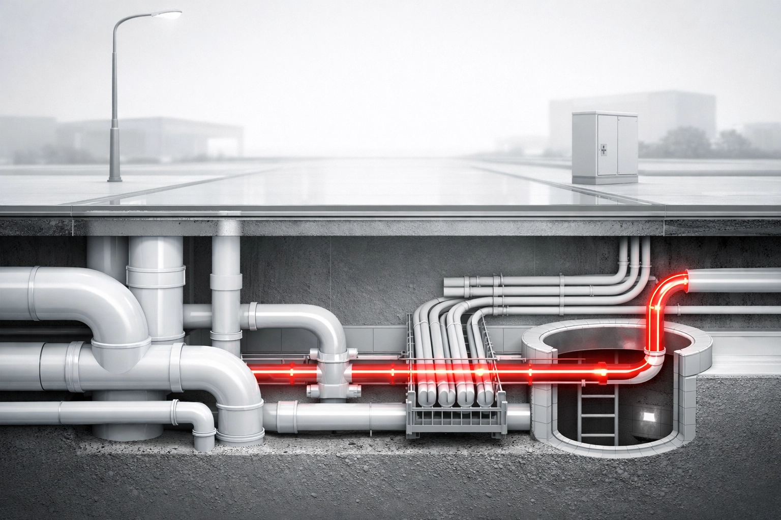 Vue des infrastructures et raccordements de services pour un projet de construction à Québec.