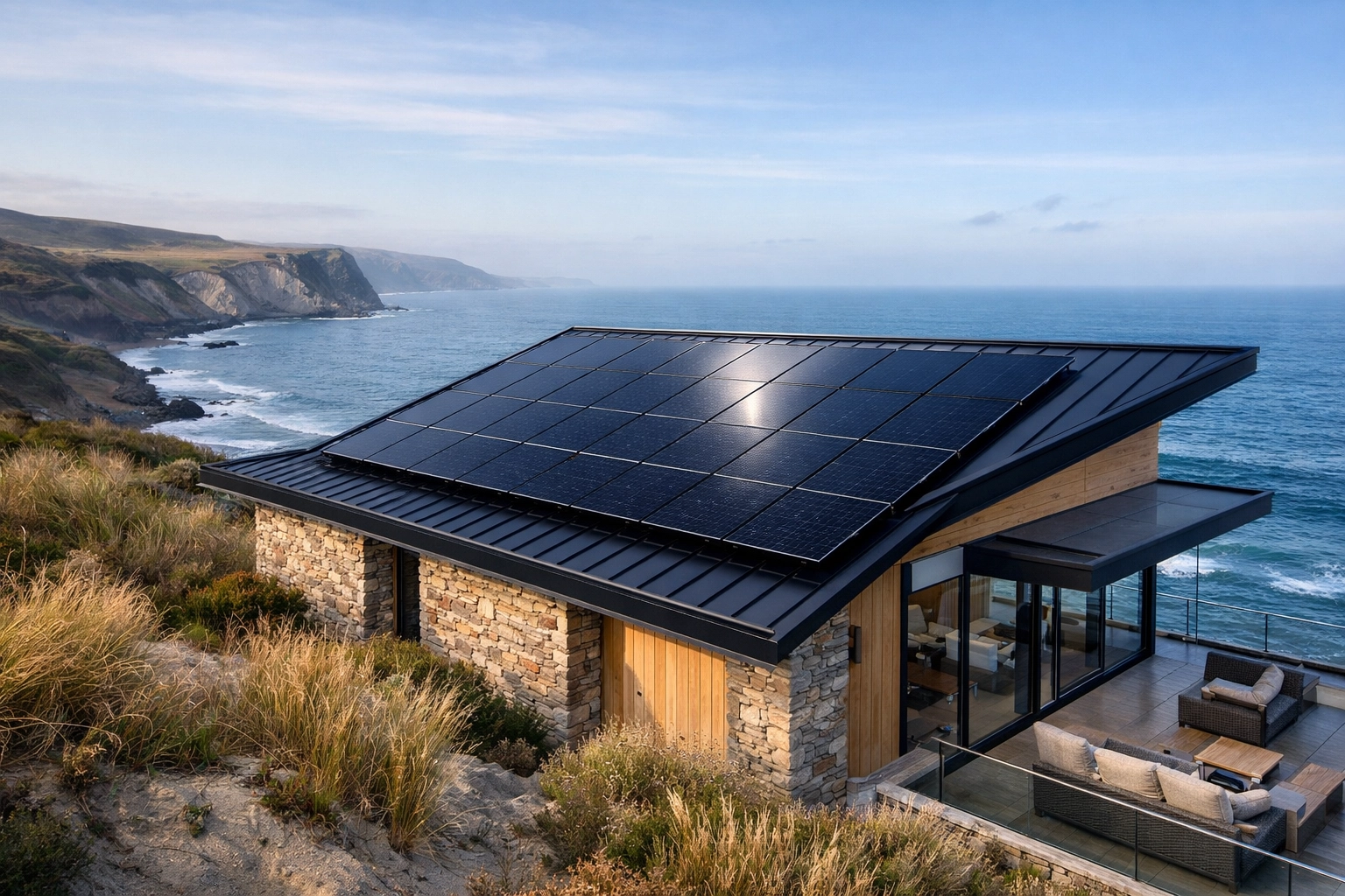 Modern Dorset coastal home featuring sleek black solar panels installed by local experts.