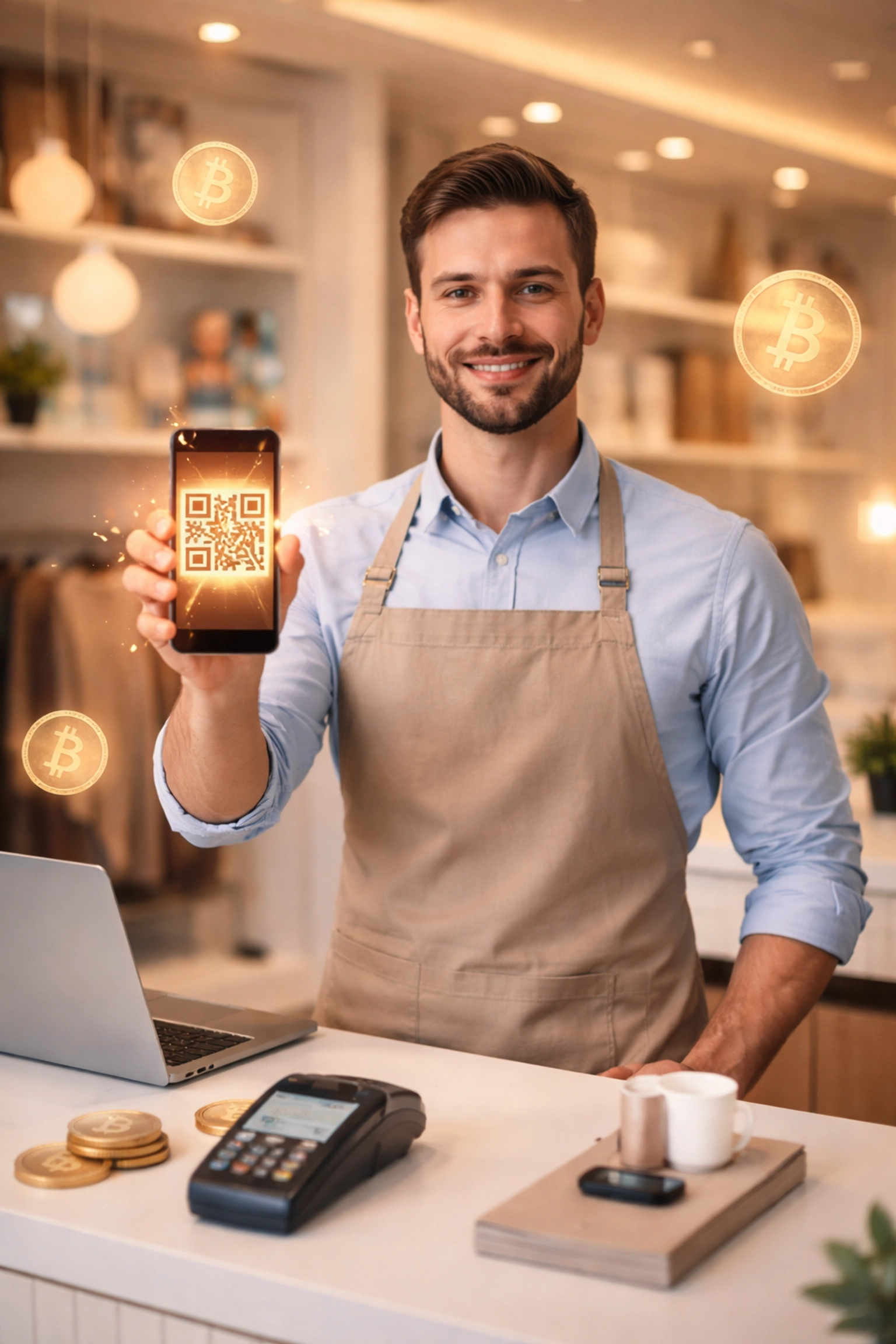 Business owner in modern shop displays QR code for crypto payment with digital currency symbols, highlighting Web3 retail checkout.