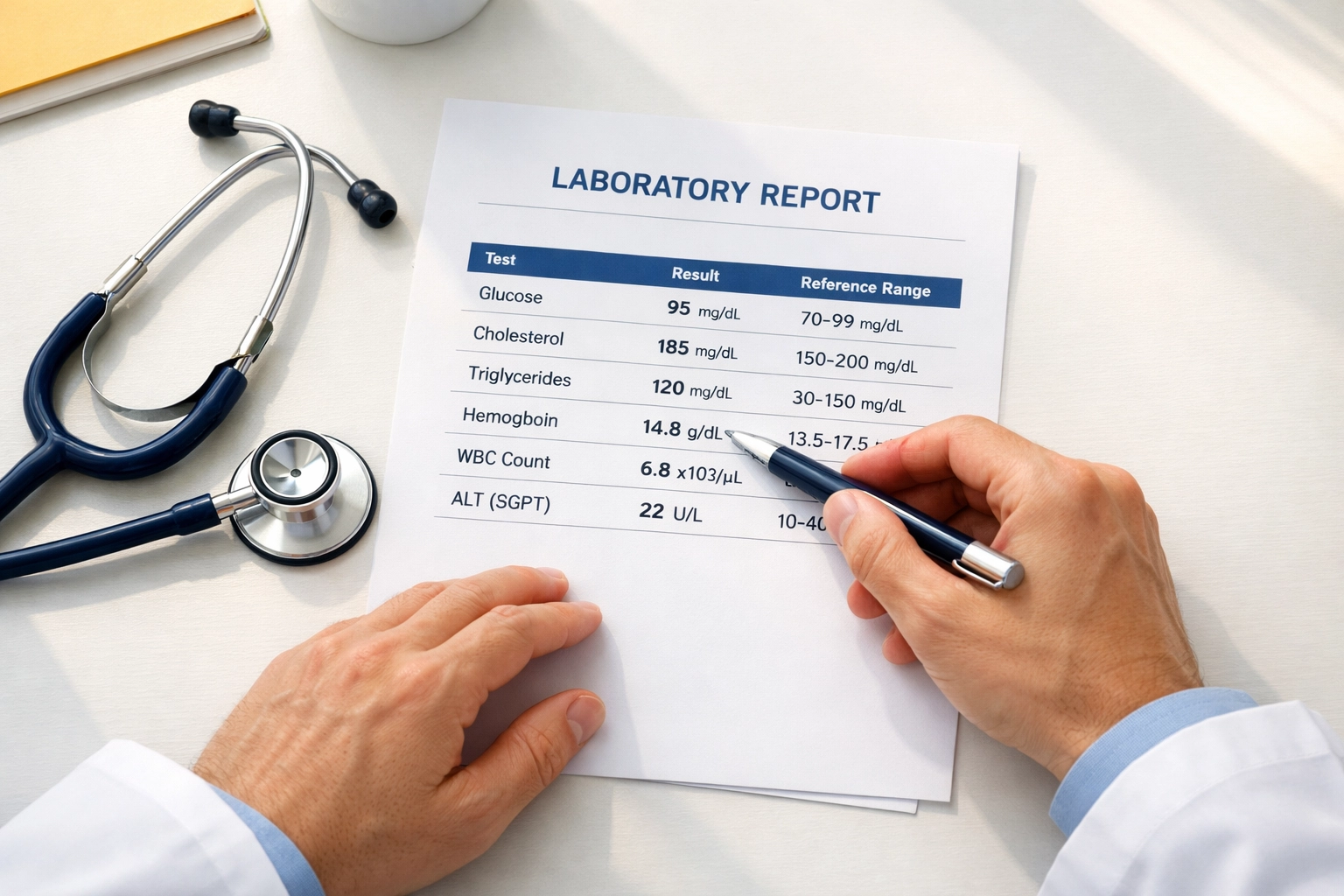 Doctor reviewing normal lab test results and reference ranges during medical consultation