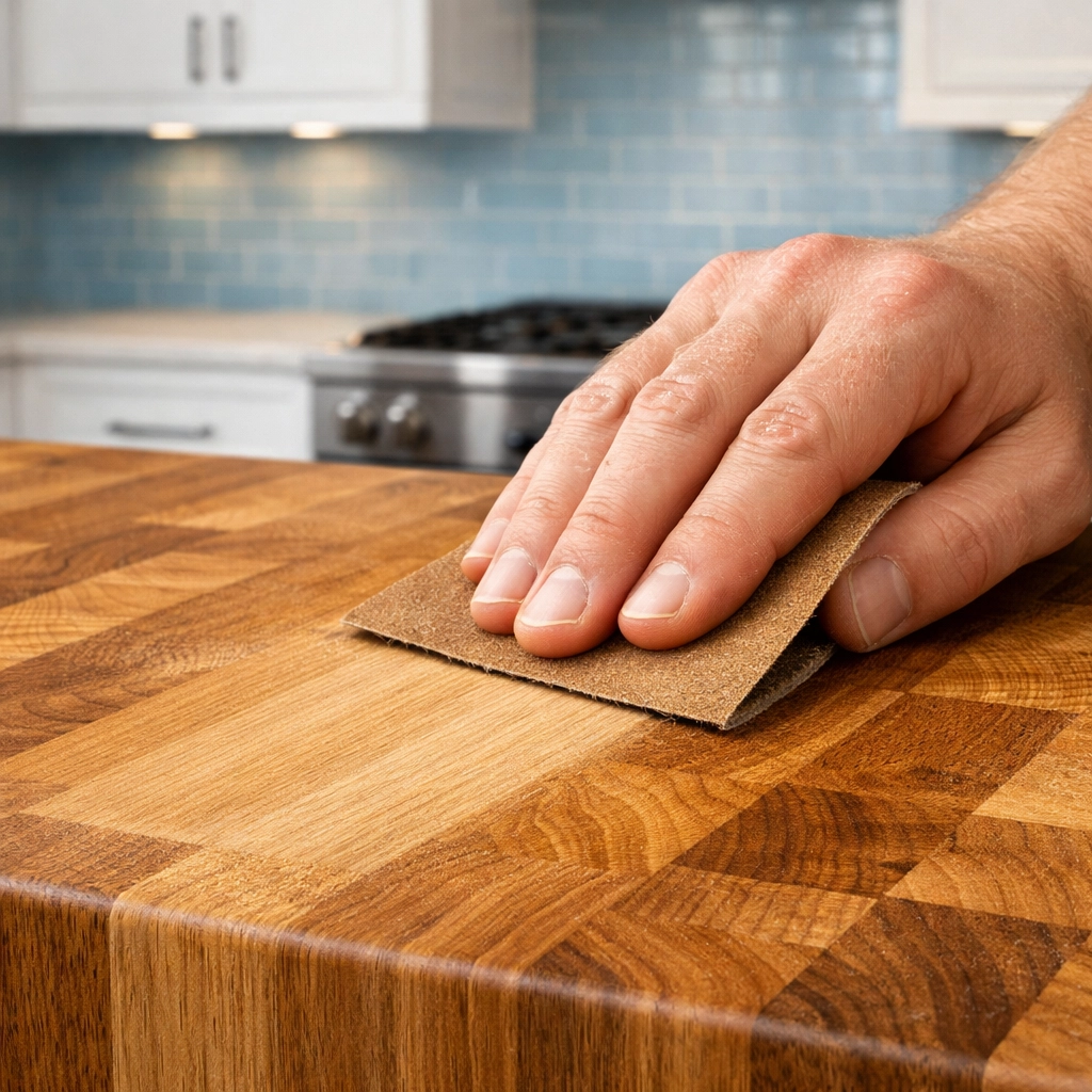 Sanding a wooden butcher block to remove knife grooves during a deep cleaning process.