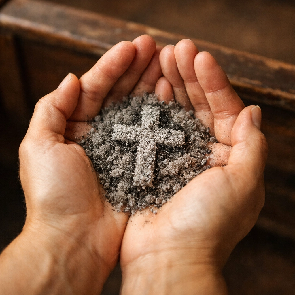 Hands holding ashes formed in cross shape for Ash Wednesday service