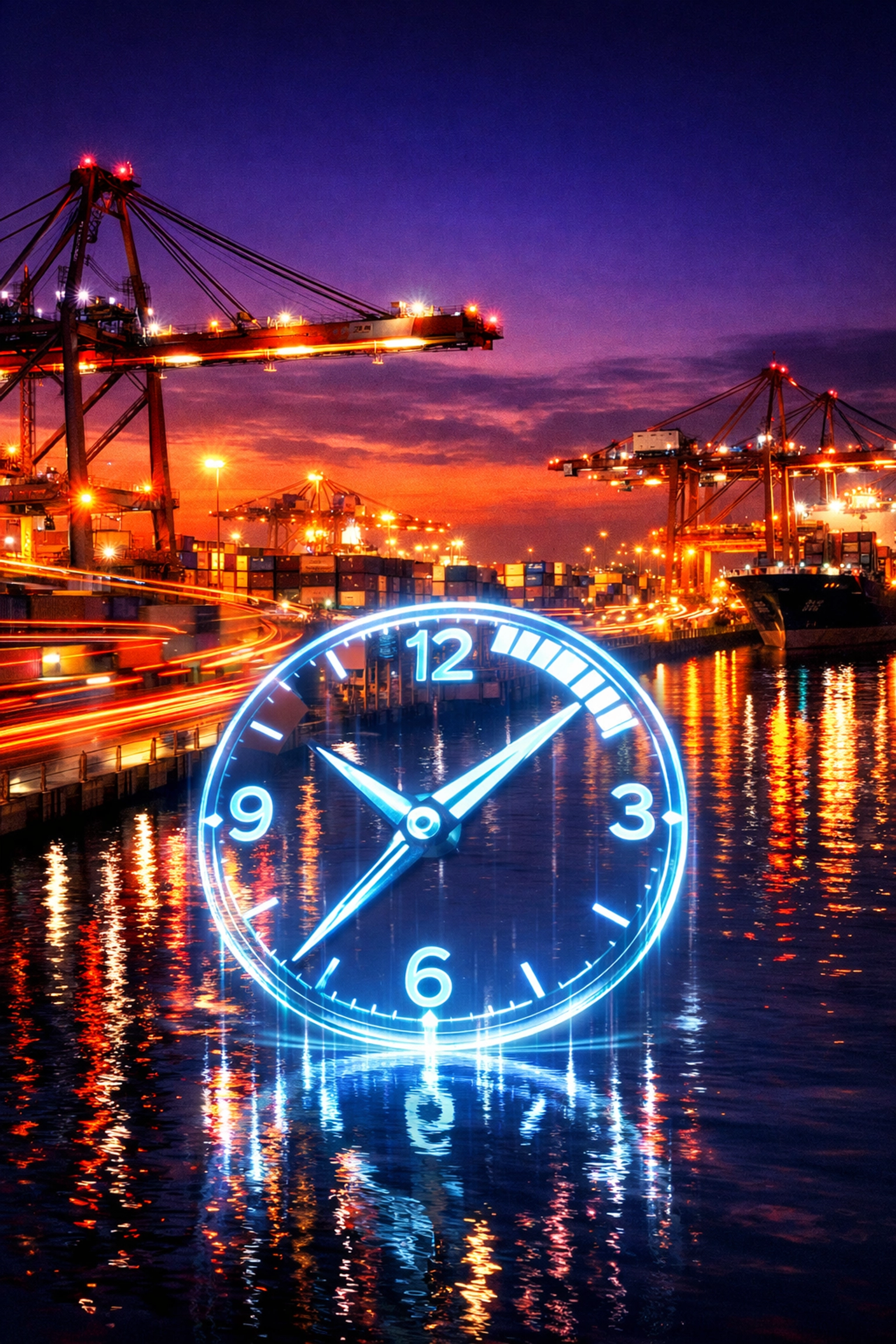 A busy seaport at night with a clock symbol representing the shipping waiver validation gap and processing times.