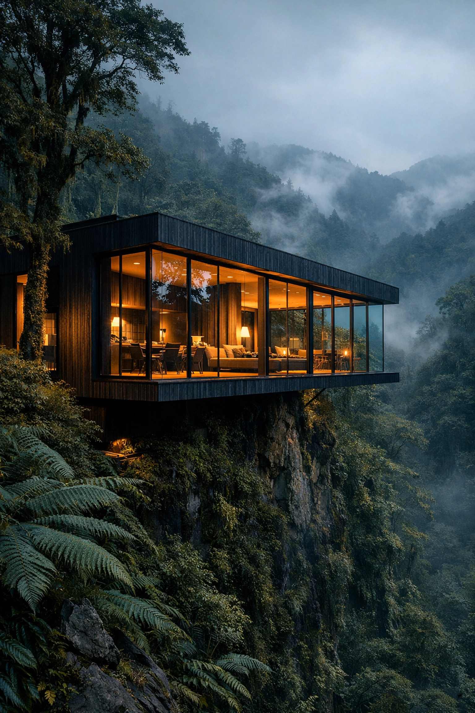 Minimalist glass villa in a misty cloud forest representing curated luxury travel journeys.