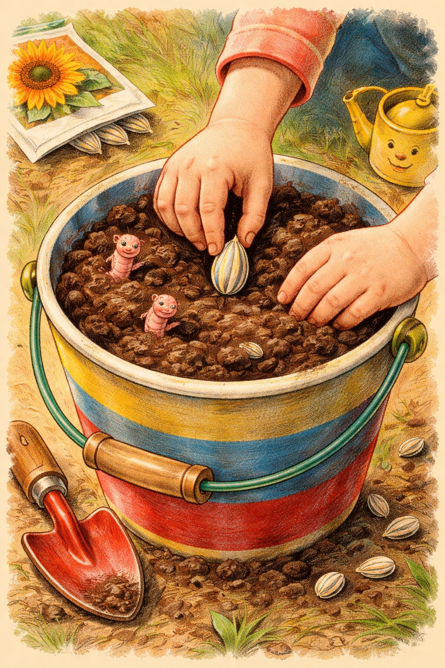 Close-up of a child planting a sunflower seed into colorful soil-filled bucket, teaching kids how to start sunflowers.