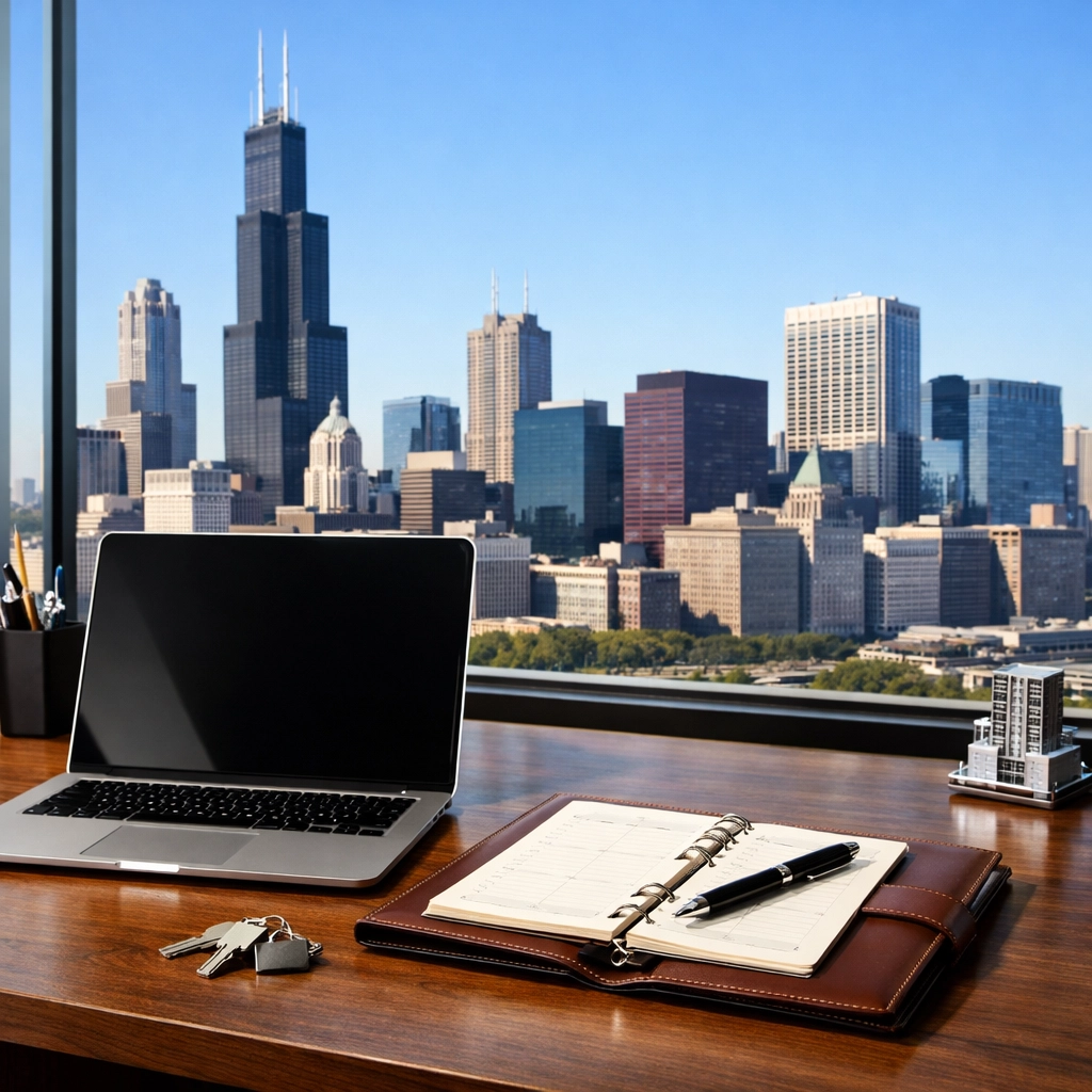 Professional Chicago property management workspace with a view of the Willis Tower and skyline.