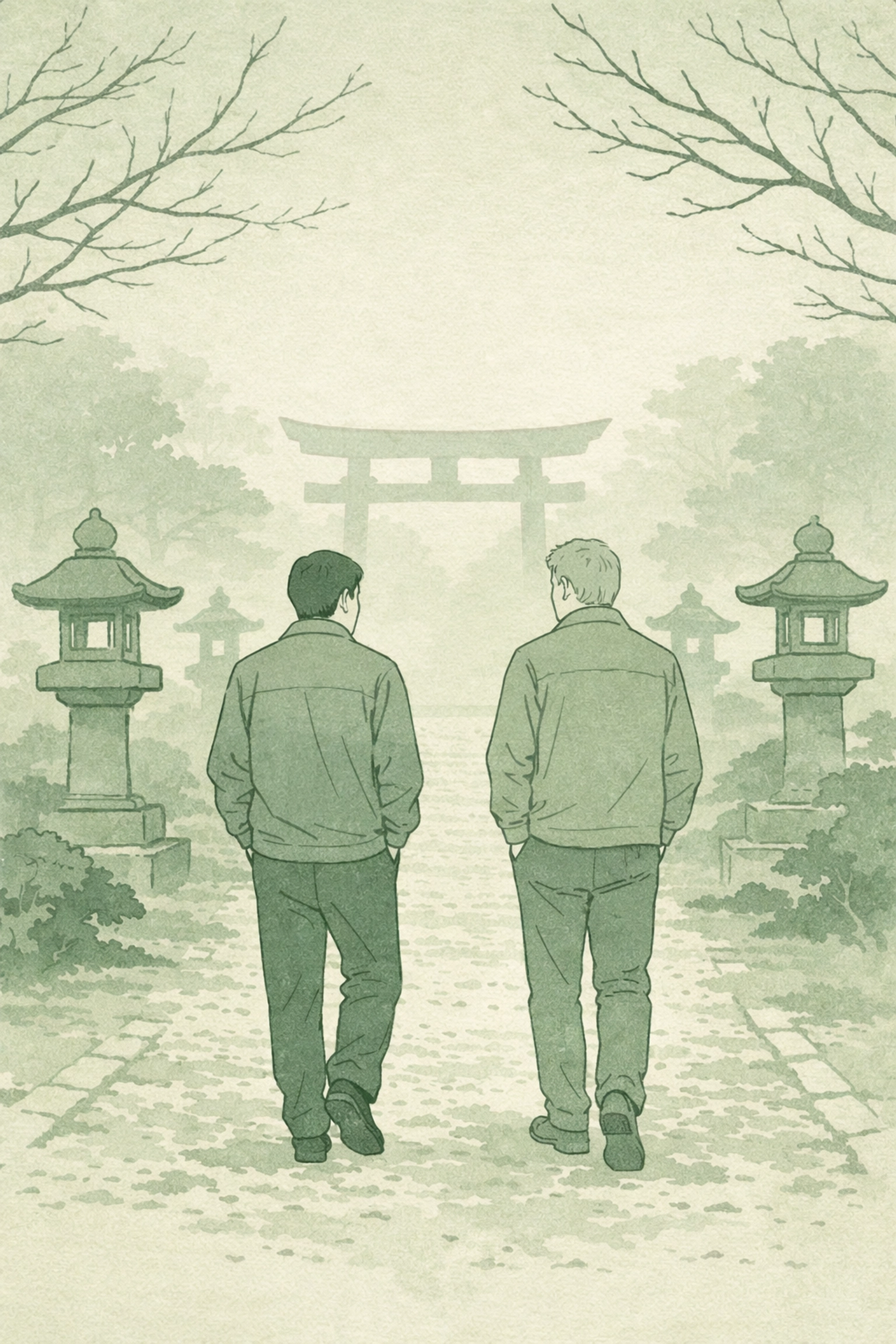 Gay couple walking through Japanese temple garden in Tokyo MM romance story