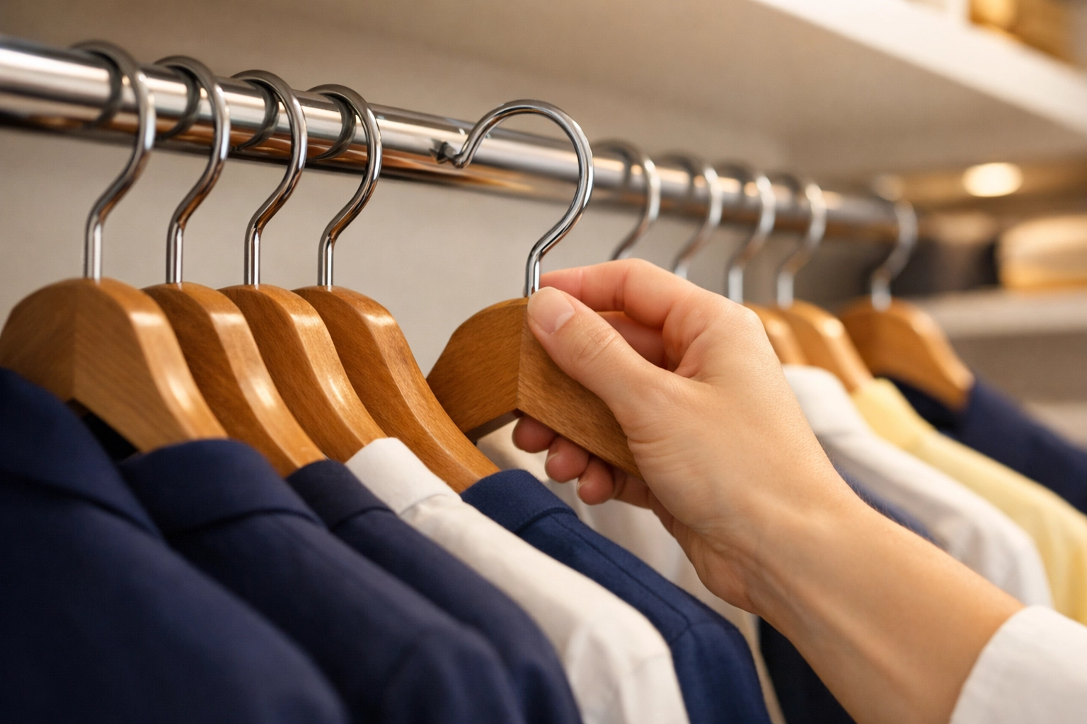 Hand turning a wooden hanger backward to demonstrate the closet organization reverse hanger trick.