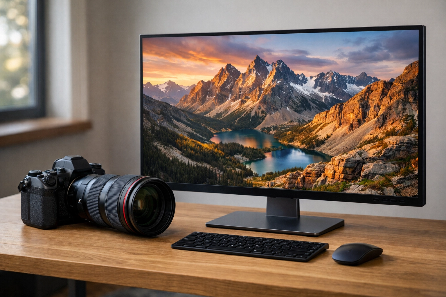 High-end mirrorless camera and monitor showing a high-resolution photo, as discussed in 2024 camera reviews.