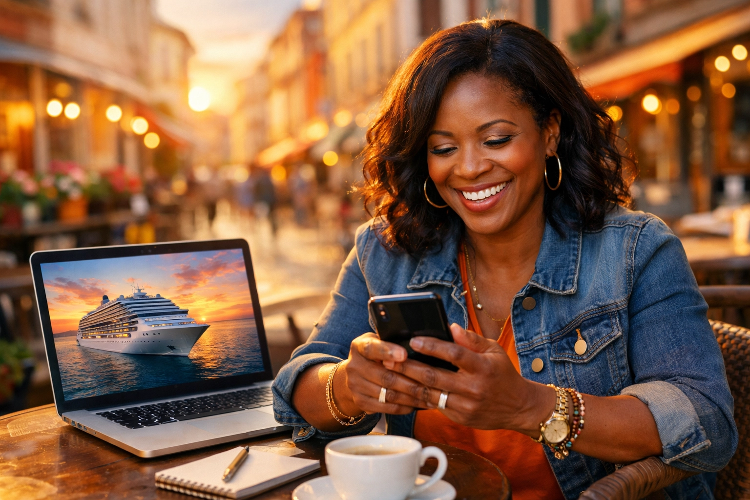 Woman excited while reading cruise booking details on smartphone at outdoor café