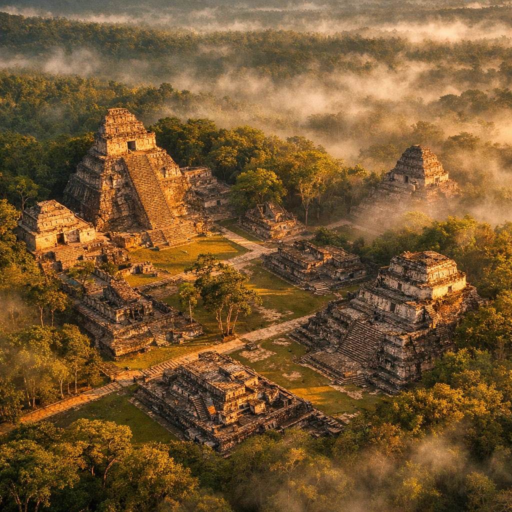 Aerial view of Maya ruins in Belize jungle showing pyramids and plazas for student archaeological trips