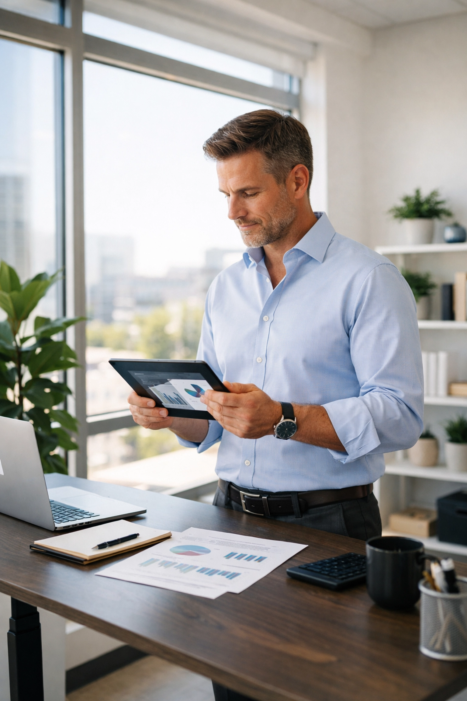 Entrepreneur reviewing sales tax compliance requirements on tablet for multiple states