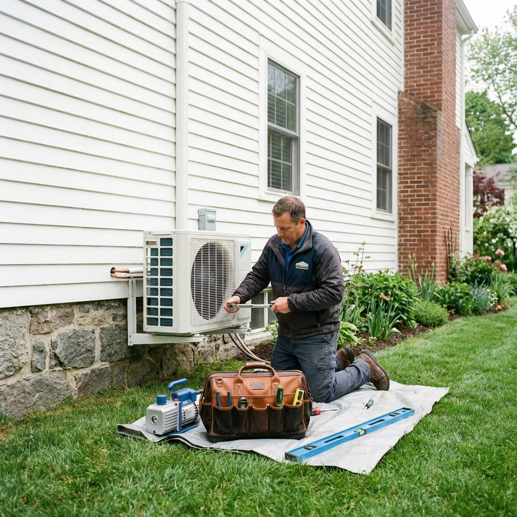 Professional electrician installing a mini-split condenser unit at a Southern Maine home, showcasing expert service and reliability.