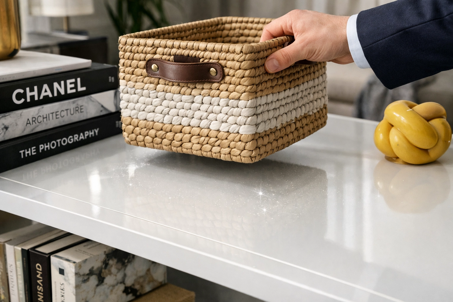 Detailed apartment cleaning in Boston showing dust removed from underneath a storage basket.