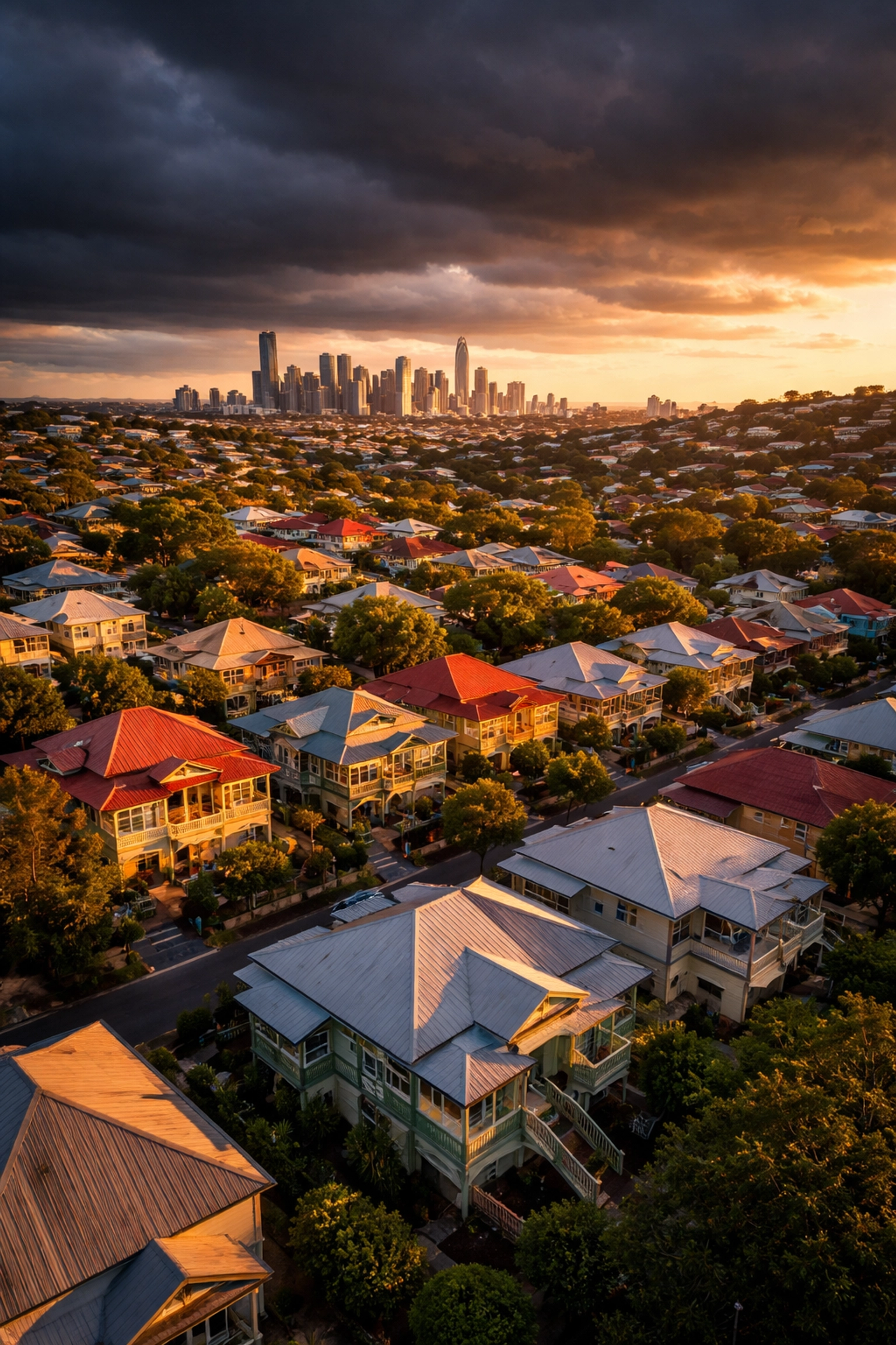 Aerial view of Brisbane suburbs with colorful heritage homes, highlighting local authority for painters in Paddington and New Farm.