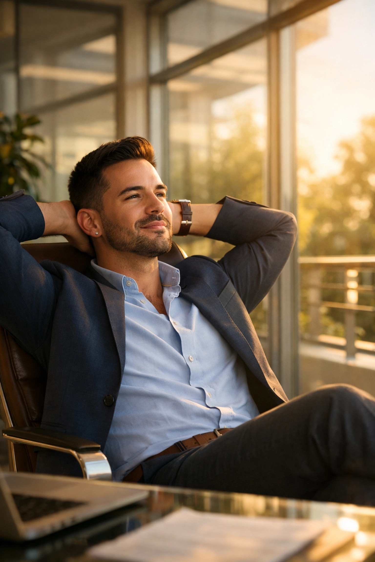 Confident gay professional in a sunlit office illustrating queer leadership and psychological safety.