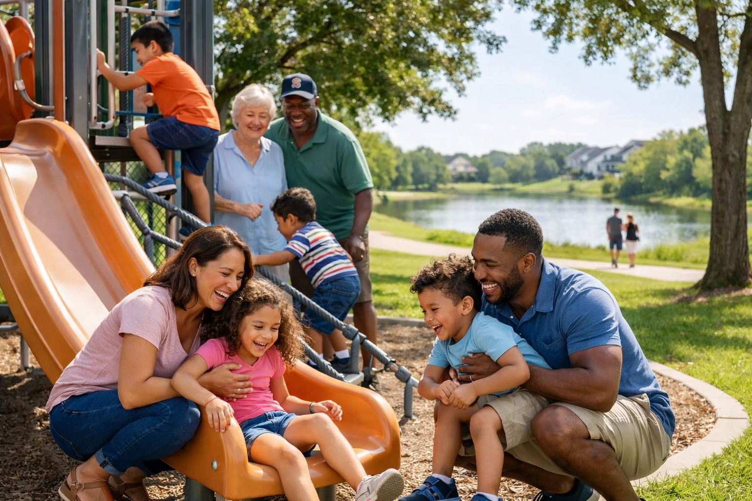 Family enjoying outdoor activities at a Houston suburban park with playground and walking trails