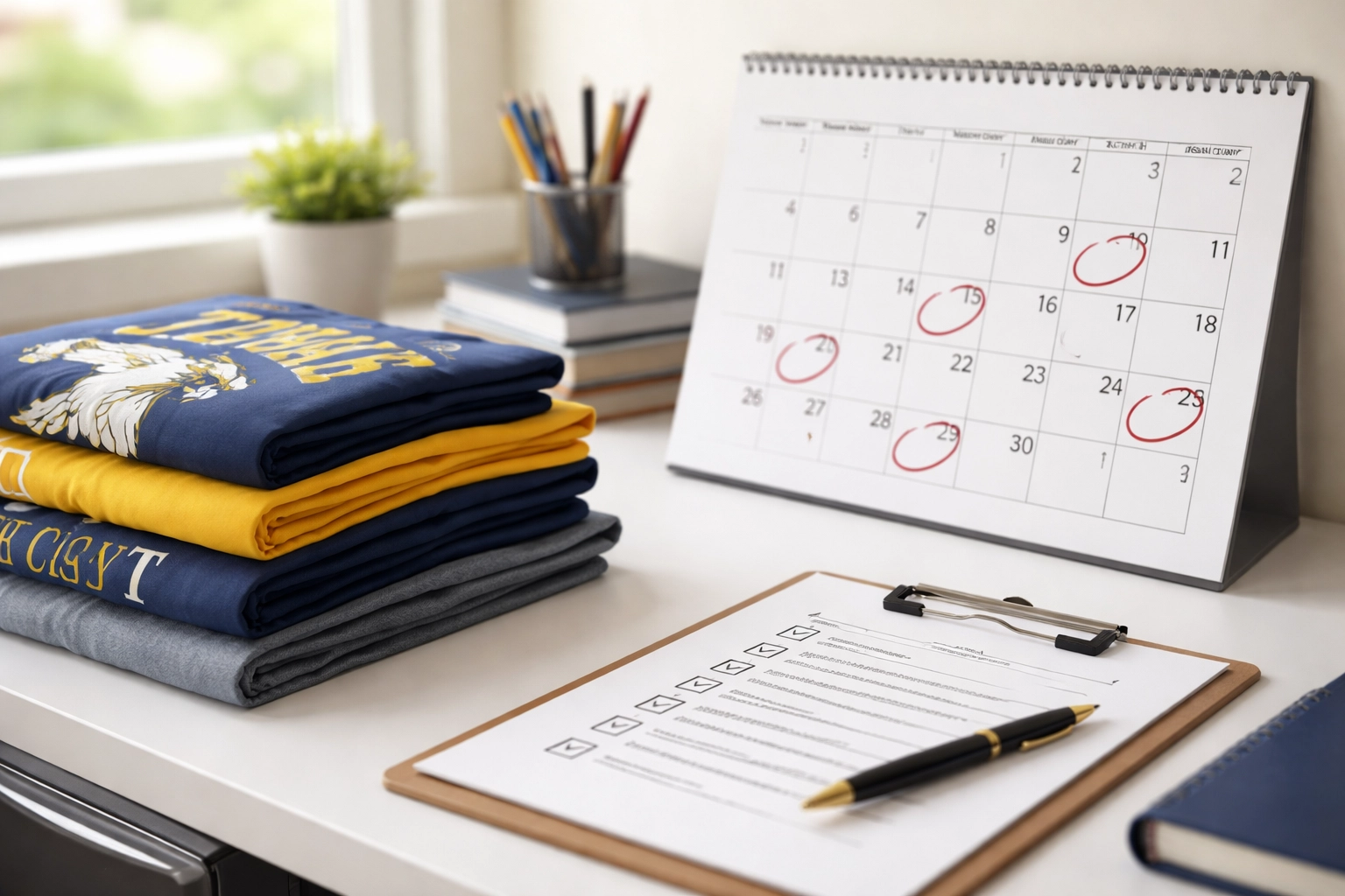 School administrator's desk with custom school t-shirts, calendar, and checklist for planning timely apparel orders