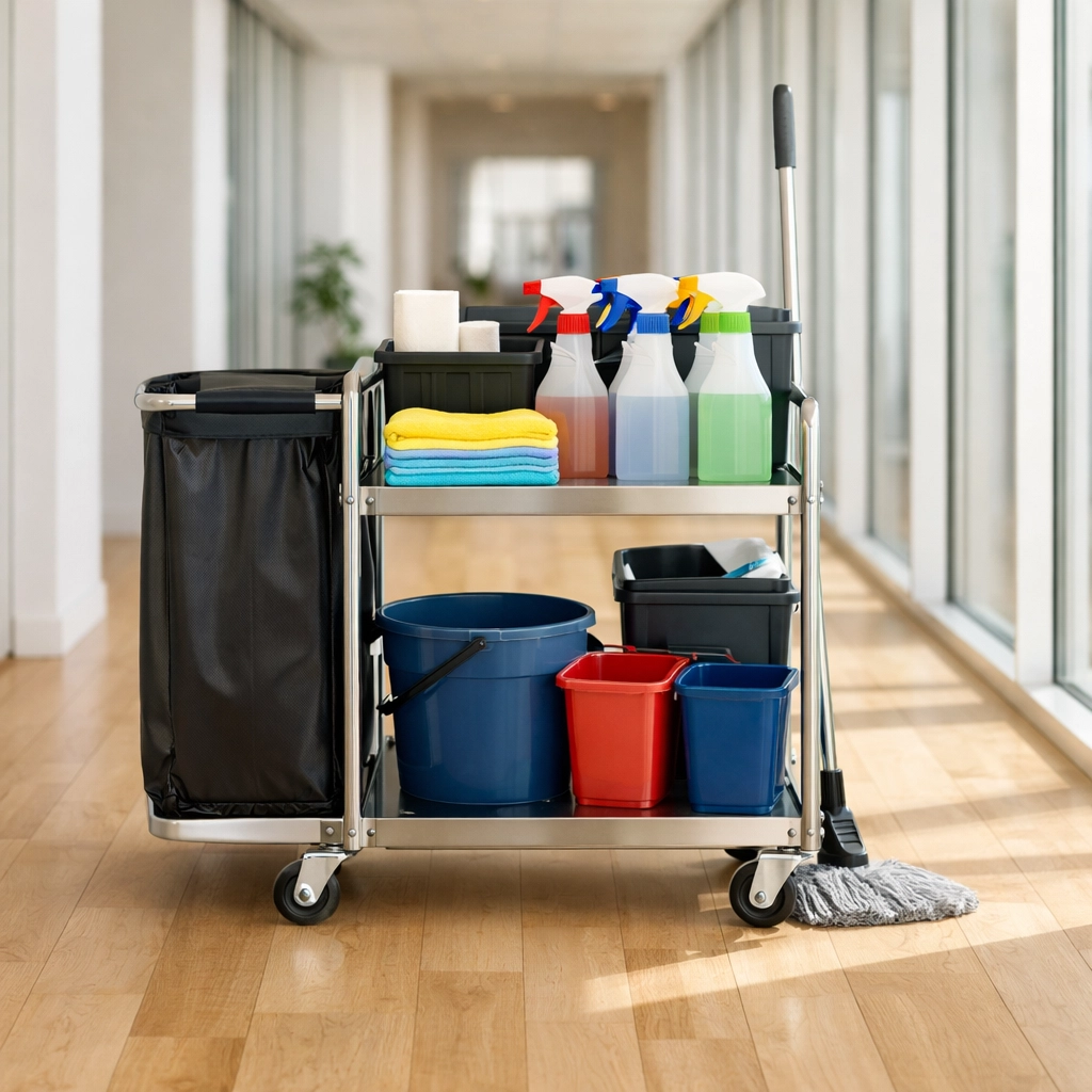 Professional janitorial cleaning cart and equipment in a bright, modern office corridor.