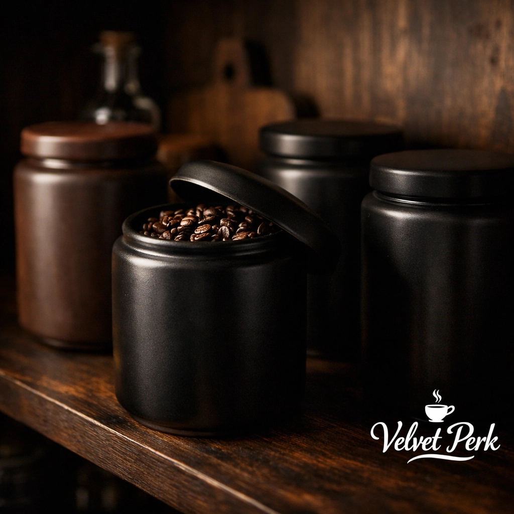 How to Store Coffee Beans So They Actually Stay Fresh Coffee beans stored in dark pantry cupboard inside opaque ceramic canisters