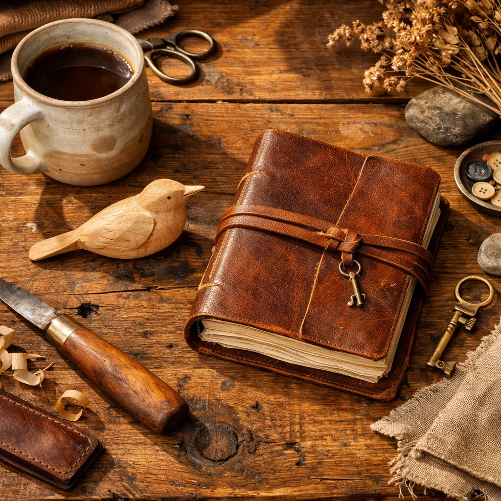 Artisan workbench with unique handmade gifts including a ceramic mug, leather journal, and wooden bird decor.