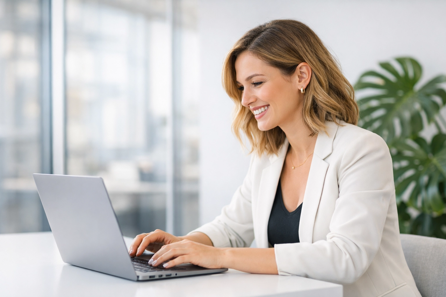 Startup founder using automated QuickBooks bookkeeping services in a modern office.
