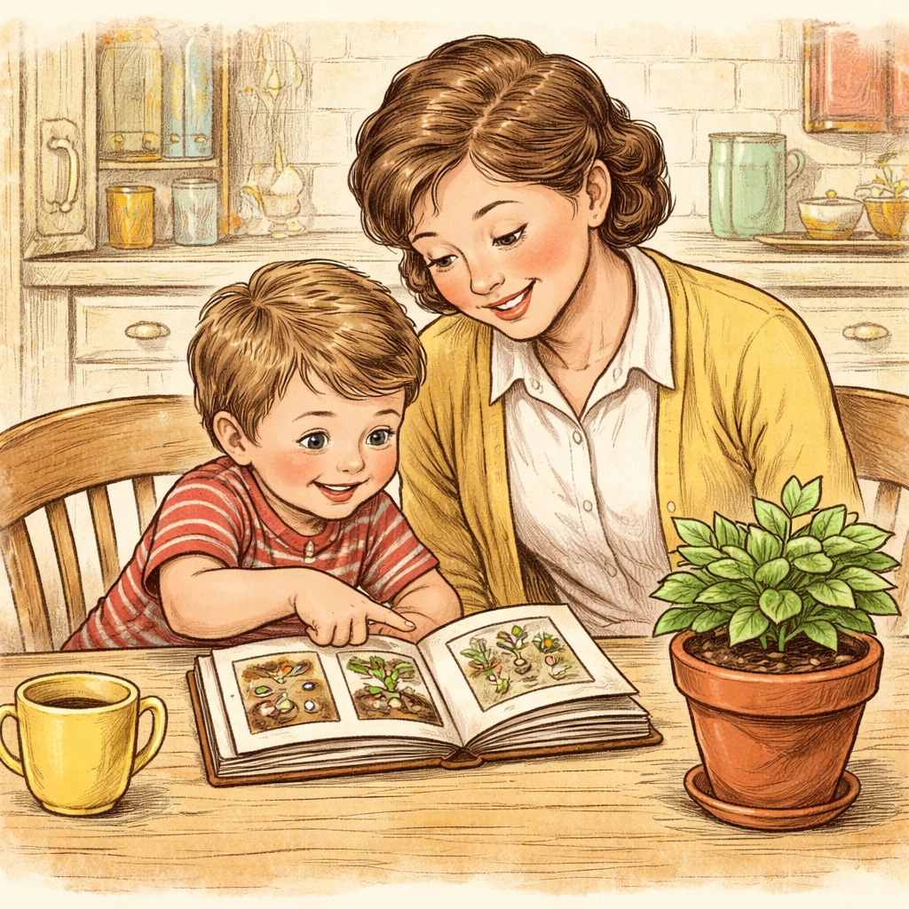 Parent and child review photos of plant growth together at the kitchen table, reinforcing achievement and confidence.