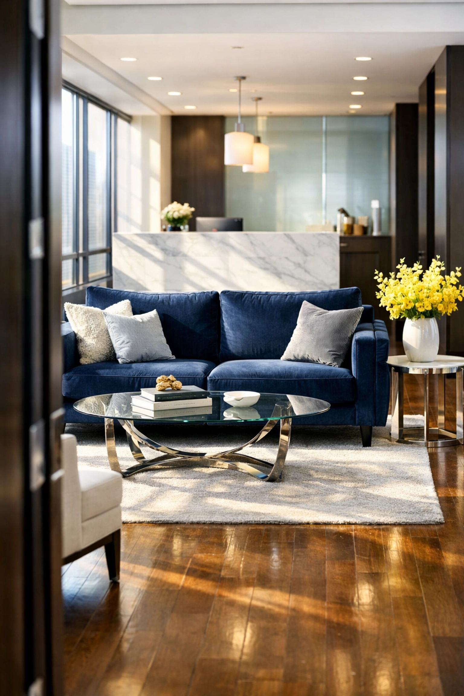 Professional office lobby in Bolton with dust-free furniture and sun-lit polished floors.